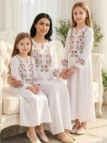 女士数码印花长袖连衣裙，传统日常穿着，适合春夏穿着 - 米色 - 查看 1