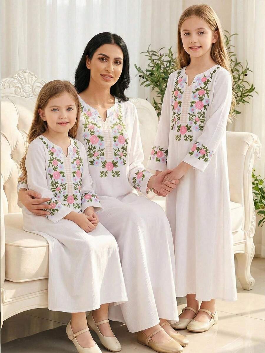 女士数码印花长袖连衣裙，传统日常穿着，适合春夏穿着 - 米色 - 查看 1