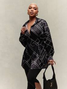 Vixey Satin Geometric Stripe Cinched Waist Pleated Pointed Collar Button Up Shirt - Black - View 2