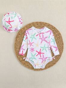 1件婴儿/女婴长袖连体泳衣，带拉链，可爱蝴蝶结和花朵印花，附赠帽子 - 粉色 - 查看 3