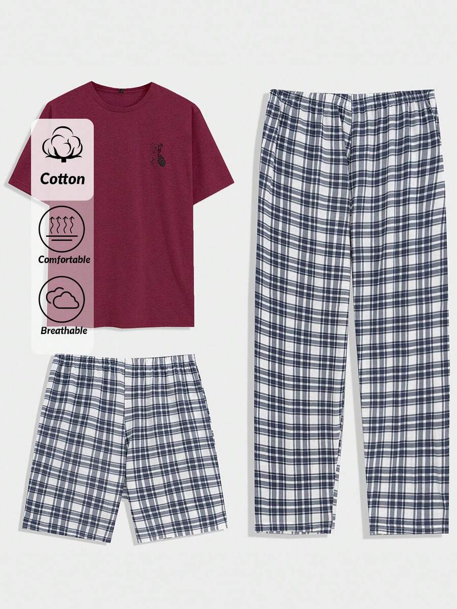 EURMUSE 3pcs Men's Plaid Pocket T-Shirt, Shorts And Pants Pajama Set - Burgundy - View 1