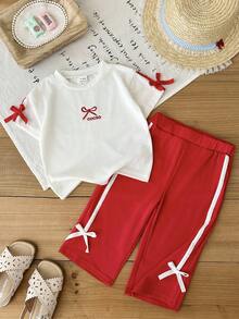 SHEIN 2pcs/Set Baby Girl Casual Street Style Black T-Shirt And Pants Set - Red - View 8