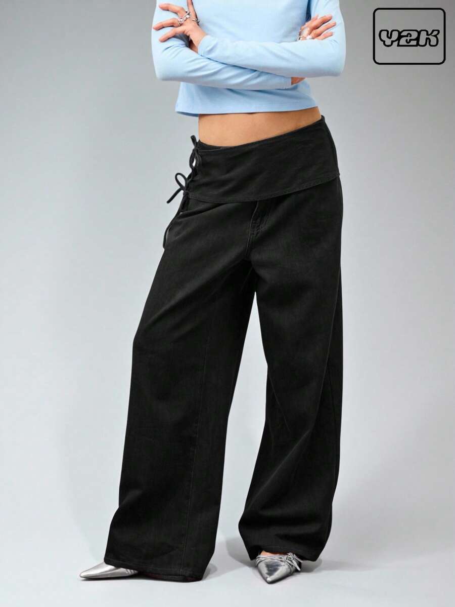 COUREZ Quần jeans ống rộng thắt nơ ở eo / Quần jeans cạp thấp phong cách Y2K, trang phục mùa thu cho nữ, trang phục đi chơi, quần jeans cạp thấp. - màu đen - Xem 1