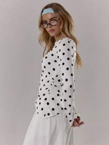 MUSERA 波点撞色圆领长袖上衣，可爱百搭，适合外出、日常办公、学校、春夏穿着，春季休闲穿搭，复活节休闲风格。 - 白色 - 查看 4