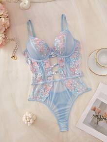 1pc Women's Sexy Lingerie Floral Embroidery Mesh Jumpsuit - Multicolor - View 3