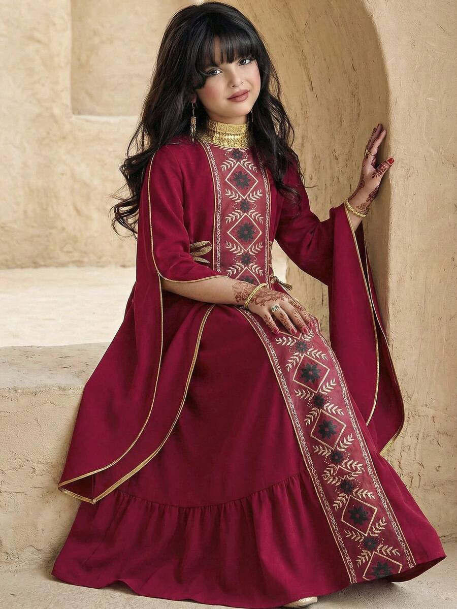 SHEIN Robe patineuse pour préadolescentes avec manches évasées, taille nouée, col rond, imprimé rétro patchwork et volants à l'ourlet - Rouge foncé - Voir 1