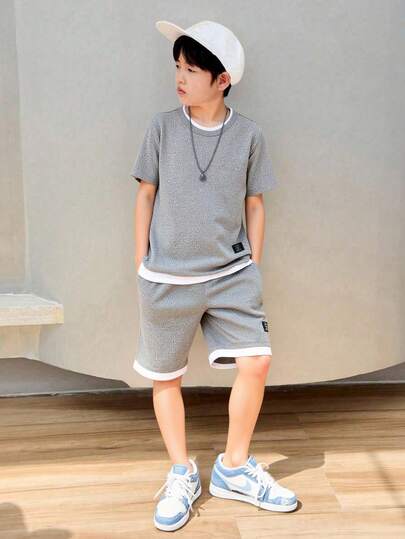 SHEIN Mirajuku 两件套男童撞色滚边短袖T恤和斜插口袋短裤套装