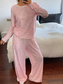 DAZY Ditsy Floral Trim Collar Women Pajama Set - Pink - View 3