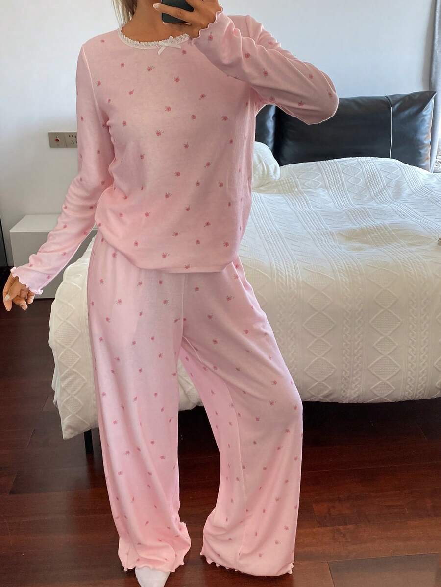 DAZY 碎花饰边领女士睡衣套装 - 粉色 - 查看 1