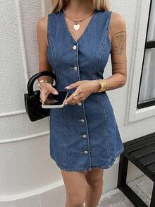 DAZY Đầm denim ngắn không tay cổ chữ V, kiểu dáng thanh lịch, thường ngày dành cho nữ, thích hợp cho mùa hè. - Rửa trung bình - Xem 2