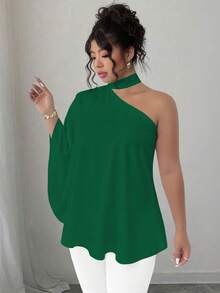 SHEIN Elenzya Kemeja Ukuran Besar dengan Kerah Miring dan Model Halter Motif Tie Dye - Hijau - View 4