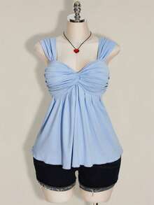 SHEIN ICON 大码女式黑色扭结前襟无袖娃娃衫针织上衣，Y2K风格，适合毕业典礼、返校季、夏季穿着 - 藍色 - 查看 3