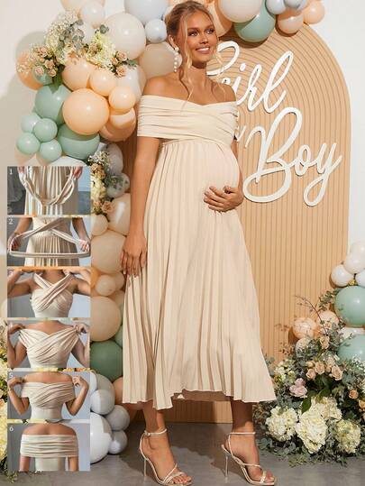 Loomaby 孕妇纯色露肩褶皱优雅短袖连衣裙