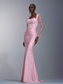 Elitara 优雅、浪漫、时尚、粉色、蕾丝拼接、弹力面料、长袖、褶皱装饰、鱼尾下摆、拖尾、网红、节日、度假、生日派对、婚礼、伴娘礼服 - 淺粉色 - 查看 6