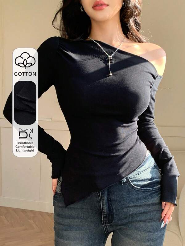 DAZY Camiseta casual de manga larga con hombros descubiertos y ajustada para salir, para mujeres