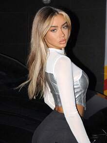 SHEIN ICON Black PU Mesh Cut Out Front Asymmetrical Hem Crop Tee - Silver - View 4