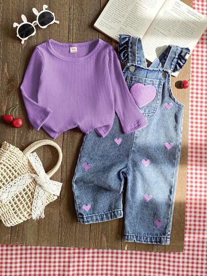 SHEIN Vintaside Kids 1 pieza Mono vaquero casual y lindo con bordado floral y tirantes para bebé niña, adecuado para salidas y fiestas