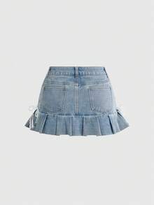ROMWE Kawaii Chân váy mini denim cạp thấp thêu nơ dễ thương dành cho nữ - Rửa nhẹ - Xem 2