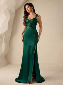 Coutiva 女士串珠拼接无袖正式晚礼服（重工装饰） - 墨綠色 - 查看 8
