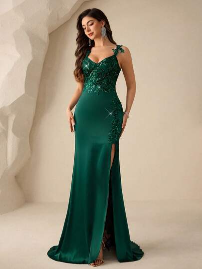 Coutiva Women's Beaded Patchwork Sleeveless Formal Evening Gown (Heavy Embellishment)