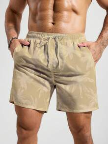 Manfinity Swimmode Herrshorts med dragsko och kokosnötstryck i midjan, avslappnade semester- och strandkläder - Kaki - Visa 6