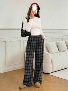 SHEIN Tall Women's Belted Plaid Straight Leg Loose Casual Pants - Yellow - View 6