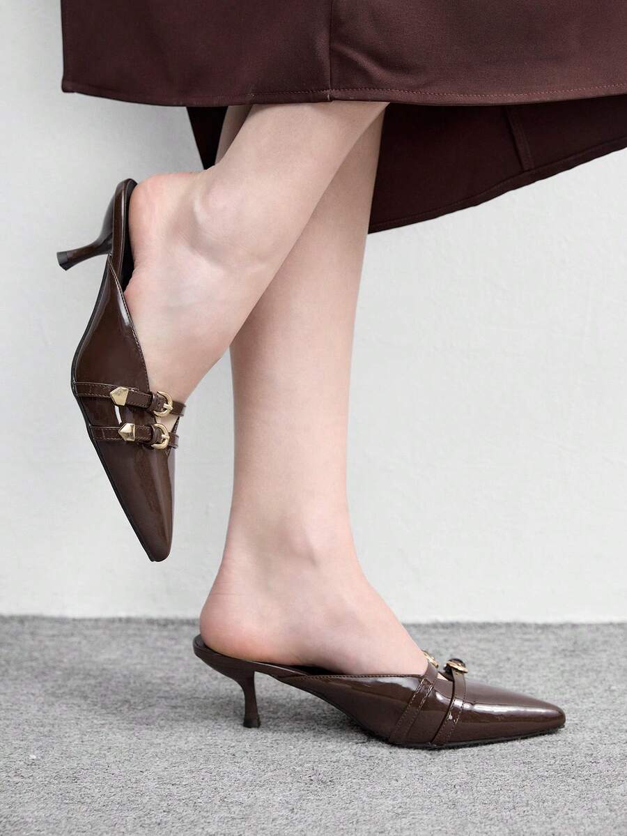 CUCCOO BIZCHIC Sepatu hak rendah runcing berwarna cokelat elegan untuk wanita dengan detail gesper, model selop. - Chocolate Brown - View 1