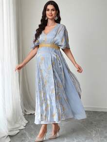 SHEIN Elegant Party Embroidered Maternity Dress With Cape - Blue - View 1