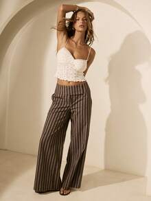 Aralina 条纹低腰阔腿阔腿裤，宽腰带设计，棕色，夏季休闲裤，沙滩裤，女士休闲裤 - 彩色 - 查看 5