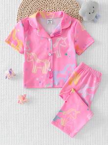 2pcs Baby Girls Lapel Cardigan Short Sleeve Pants Pajama Set, Pink Cartoon Glow-In-The-Dark Unicorn Pattern (Requires UV Light To Glow) - Pink - View 7
