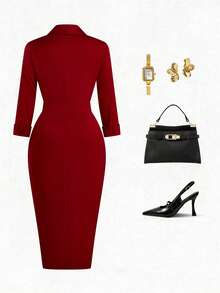 Franclia Plus Size Elegant Red Satin Women's Dress,Autumn Long Sleeve Shirt Collar Asymmetrical Hem Ruffle Dress,Formal Party Work Church Outfits For Women - Red - View 8