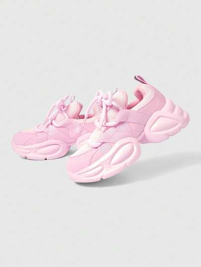 ROMWE Kawaii Fall/Winter Women's Solid Color Mesh Thick Sole Sneakers, Lace-Up Breathable Running Shoes, Thick Sole Chunky Sneakers