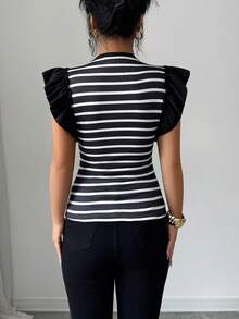 Rafferiza Women's Elegant Striped Patchwork Ruffle Trim Hollow Out Chest T-Shirt - Black - View 2