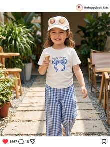 THE HAPPY LOOK 2pcs Young Girl Bow Knit Soft Round Neck Short Sleeve Top And Plaid Pants Set - Multicolor - View 2