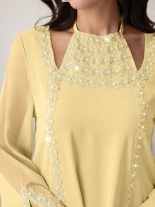 Yasmyna Vestido con cuello de corbata de encaje floral elegante, manga acampanada, primavera/verano - Amarillo - Ver 4