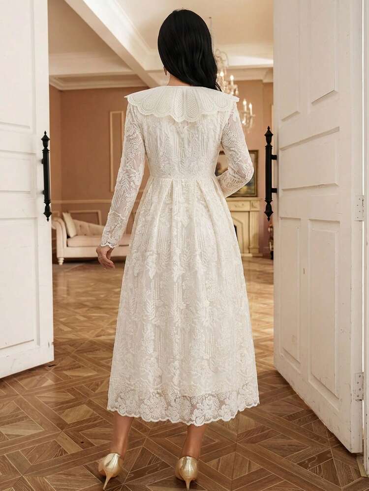Elegant Lace Embroidery Solid Color Dress