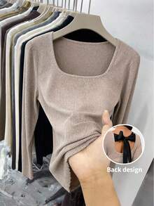 SHEIN Frenchy Apricot Rib Knit Square Neck Long Sleeve Plus Size T-Shirt Casual Regular Length Top - Apricot - View 1