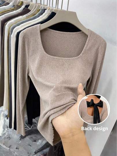 SHEIN Frenchy 加大码女式方领T恤，后背黑色蝴蝶结系带，质感面料，适合日常穿着，杏色