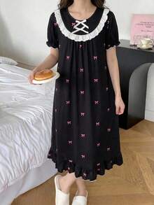 SHEIN Tween Girl Loose Casual Round Neck Short Sleeve Heart Pattern Bow & Lace Trim Loungewear - Multicolor - View 6