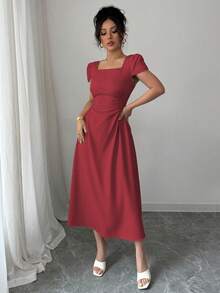 Elenzga Đầm midi nữ thanh lịch màu trơn cổ vuông, thắt eo, tay phồng, thích hợp cho kỳ nghỉ, tiệc trà chiều, mùa xuân/hè. - Đỏ - Xem 7