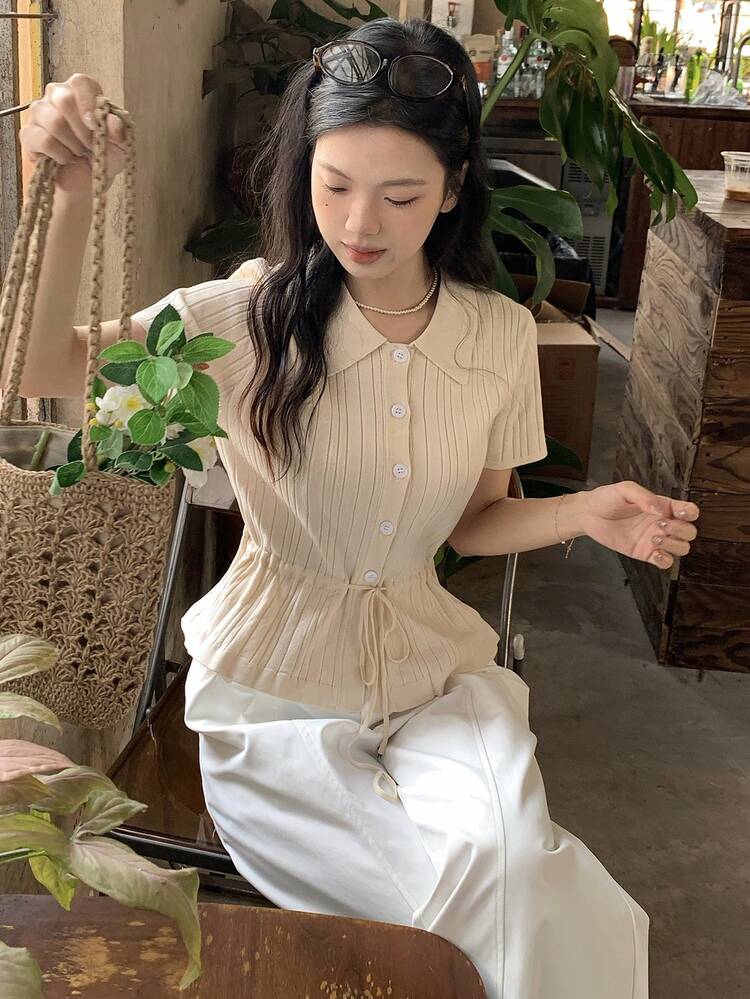 Women's Drawstring Waist Tie Knot Short Sleeve Knit Top Summer