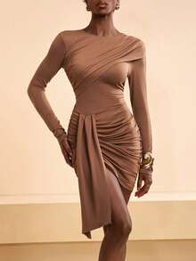 Zivah Women's Chic Coffee Brown Autumn Long Sleeve Round Neck Bodycon Dress,Chest Ruched Panel,Asymmetric Hem Draped Wrap Mini Dress For Party & Night Out - Brown - View 7