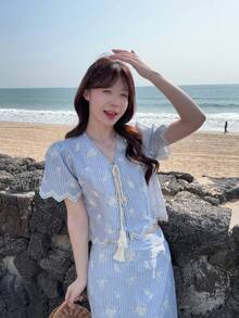 DAZY 女士条纹短泡泡袖流苏前系带上衣和半裙休闲两件套 - 藍色 - 查看 10