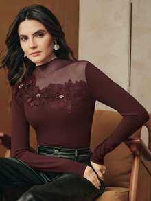 Anewsta Trang phục mùa xuân: Áo thun lưới xuyên thấu cao cấp phối họa tiết hoa ngọc trai 3D, thích hợp cho hẹn hò, du lịch, kết hợp với quần jeans hoặc quần tây. Áo thun dài tay màu đỏ tía, lý tưởng cho các bữa tiệc, hẹn hò, du lịch, dã ngoại và công sở. - Màu Đỏ Sâu - Xem 1