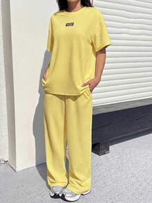 Muchica Mustard Textured Casual Loose T-Shirt And Pants Set For Women - Pale Yellow - View 4