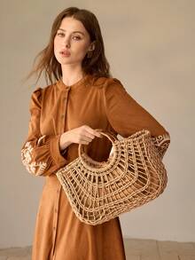 MOTF PREMIUM WOMEN'S FASHION HOLIDAY STRAW HOLLOW PORTABLE TOTE BAG, SUITABLE FOR VACATION TRAVEL - Camel - View 7