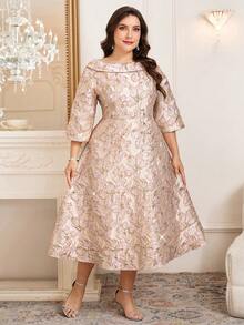 Reflora 大码女士优雅提花长袖中长连衣裙，适合派对和外出，秋冬季 - 粉色 - 查看 4