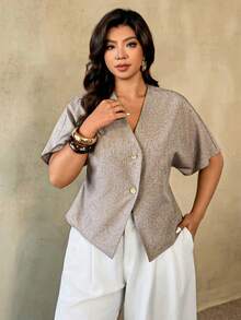 Auralis 大码简约休闲纯色V领纽扣衬衫，适合日常穿着，春季休闲度假女式衬衫 - 灰色 - 查看 6