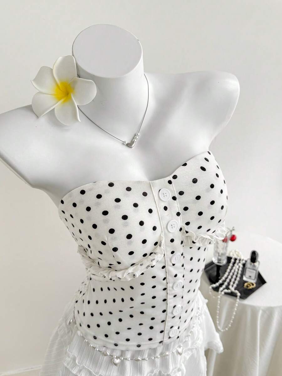 Elamini Polka Dot Pattern Button Decor Sleeveless Top, Suitable For Summer - Multicolor - View 1