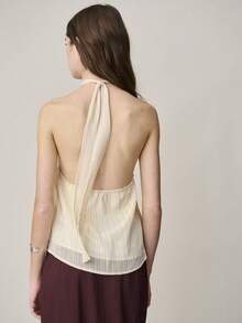 Nöista Áo hai dây cổ yếm kẻ sọc màu vàng, trắng và xám nhạt, kiểu dáng rộng rãi với nút thắt phía trước. - Hồng - Xem 2